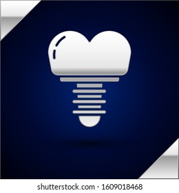 Silver Dental implant icon isolated on dark blue background.  Vector Illustration