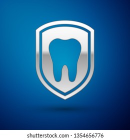 Silver Dental protection icon isolated on blue background. Tooth on shield logo icon. Vector Illustration