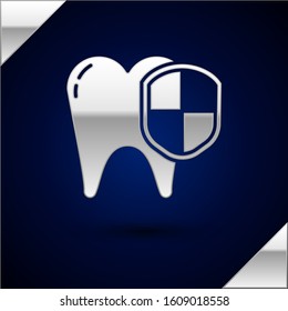 Silver Dental protection icon isolated on dark blue background. Tooth on shield logo.  Vector Illustration