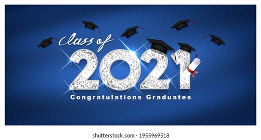 Silver design for graduation. Class of 2021. Congratulation event, T-shirt, logo, party, high school or college graduate. Lettering for greeting, invitation card invitation etc. Vector illustration