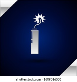 Silver Detonate dynamite bomb stick clock icon isolated on dark blue background. Time bomb - explosion danger concept.  Vector Illustration