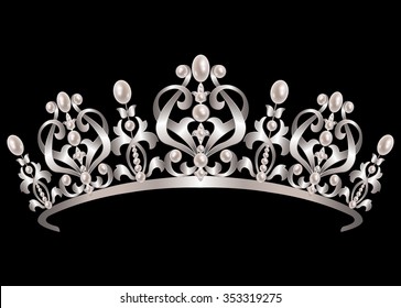 Silver diadem with pearls on black background