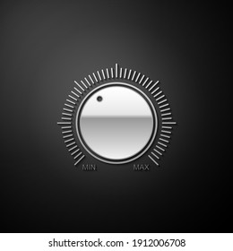 Silver Dial knob level technology settings icon isolated on black background. Volume button, sound control, music knob with scale, analog regulator. Long shadow style. Vector.