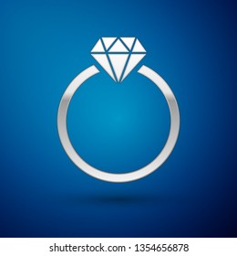 Silver Diamond engagement ring icon isolated on blue background. Vector Illustration