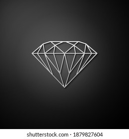 Silver Diamond Symbol einzeln auf schwarzem Hintergrund. Schmucksymbol. Gem Stein. Lange Schattenstil. Vektorgrafik.