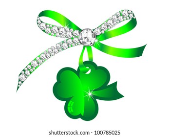 Silver diamond ribbon with glass green clover