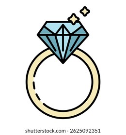 Silver diamond ring icon. Outline silver diamond ring vector icon color flat isolated