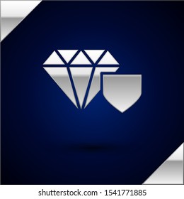 Silver Diamond with shield icon isolated on dark blue background. Jewelry insurance concept. Security, safety, protection, protect concept.  Vector Illustration