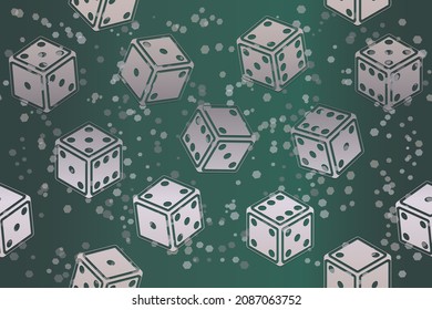 silver dice and glitter on dark green background, seamless vector pattern