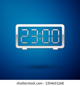 Silver Digital alarm clock icon isolated on blue background. Electronic watch alarm clock. Time icon. Vector Illustration