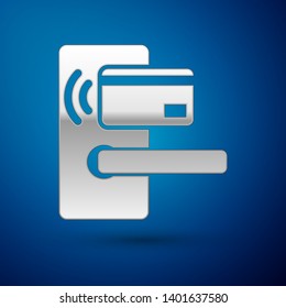 Silver Digital door lock with wireless technology for unlock icon isolated on blue background. Door handle sign. Security smart home of concept. Vector Illustration