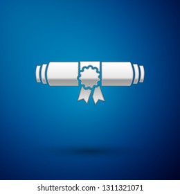 Silver Diploma rolled scroll with stamp and ribbon icon isolated on blue background. Paper scroll with wax seal. Graduation concept. Business certificate. Vector Illustration