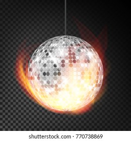 Silver Disco Ball In Fire Vector Realistic. Burning Dance Night Club Ball. Transparent Background Illustration
