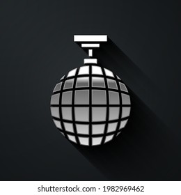 Silver Disco ball icon isolated on black background. Long shadow style. Vector