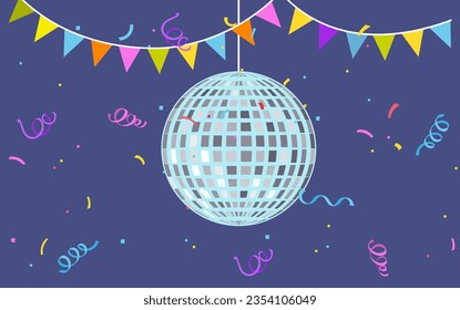 Silver disco ball on blue background with colored ribbons, garland of flags and confetti. Glowing discoball. Night club party equipment. Shiny mirror ball. Carnival element. Birthday celebration