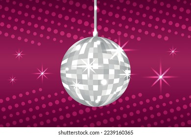 Silver disco ball on red background. Glowing discoball. Night club party equipment. Shiny mirror ball.