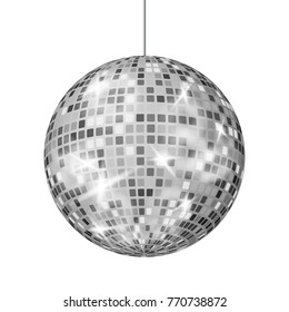 Silver Disco Ball Vector. Dance Night Club Retro Party Classic Light Element. Silver Mirror Ball. Disco Design. Isolated On White Background Illustration