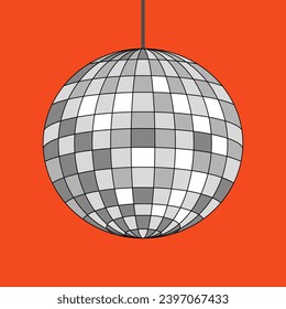Silver disco ball. Vector illustration in retro style. Holiday  greeting card