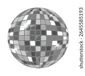 Silver disco mirror ball with reflective mosaic surface. Stylish element for retro parties, dance events, or music-themed visuals.