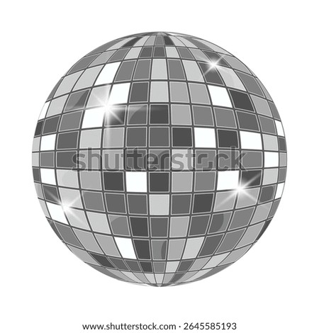 Silver disco mirror ball with reflective mosaic surface. Stylish element for retro parties, dance events, or music-themed visuals.