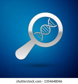 Silver DNA research, search icon isolated on blue background. Magnifying glass and dna chain. Genetic engineering, cloning, paternity testing. Vector Illustration
