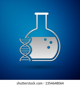 Silver DNA research, search icon isolated on blue background. Genetic engineering, genetics testing, cloning, paternity testing. Vector Illustration