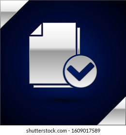 Silver Document and check mark icon isolated on dark blue background. Checklist icon. Business concept.  Vector Illustration