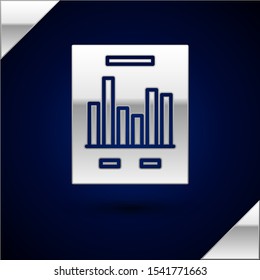 Silver Document with graph chart icon isolated on dark blue background. Report text file icon. Accounting sign. Audit, analysis, planning.  Vector Illustration