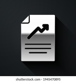 Silver Document with graph chart icon isolated on black background. Report text file icon. Accounting sign. Audit, analysis, planning. Long shadow style. Vector