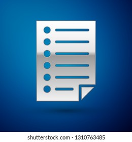 Silver Document icon isolated on blue background. File icon. Checklist icon. Business concept. Vector Illustration