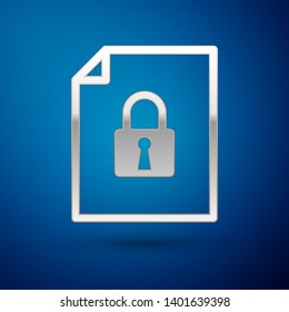 Silver Document and lock icon isolated on blue background. File format and padlock. Security, safety, protection concept. Vector Illustration