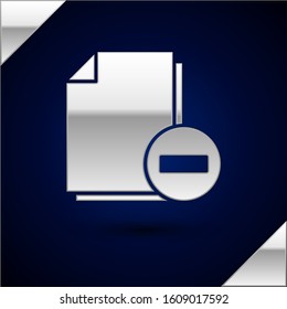 Silver Document with minus icon isolated on dark blue background. Clear document. Remove file document. Delete information file.  Vector Illustration