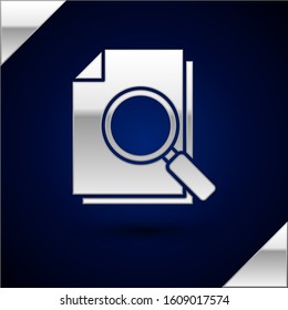 Silver Document with search icon isolated on dark blue background. File and magnifying glass icon. Analytics research sign.  Vector Illustration