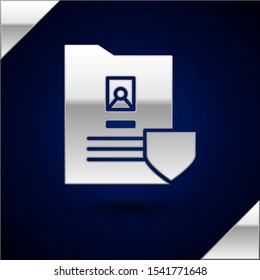 Silver Document with shield icon isolated on dark blue background. Insurance concept. Security, safety, protection, protect concept.  Vector Illustration