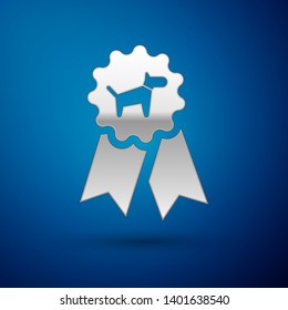 Silver Dog award symbol icon isolated on blue background. Medal with dog footprint as pets exhibition winner concept. Vector Illustration