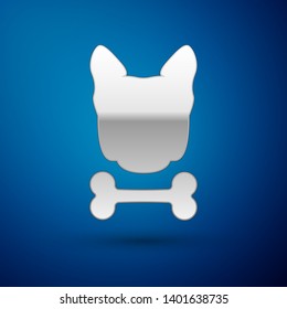 Silver Dog and bone icon isolated on blue background. Pets food symbol. Vector Illustration