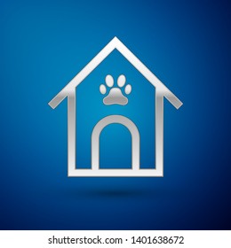 Silver Dog house and paw print pet icon isolated on blue background. Dog kennel. Vector Illustration