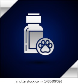 Silver Dog medicine bottle icon isolated on dark blue background. Container with pills. Prescription medicine for animal.  Vector Illustration