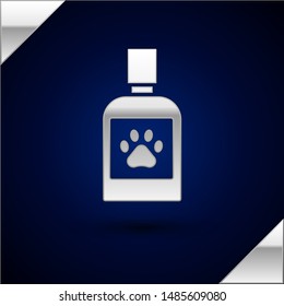 Silver Dog medicine bottle icon isolated on dark blue background. Container with pills. Prescription medicine for animal.  Vector Illustration