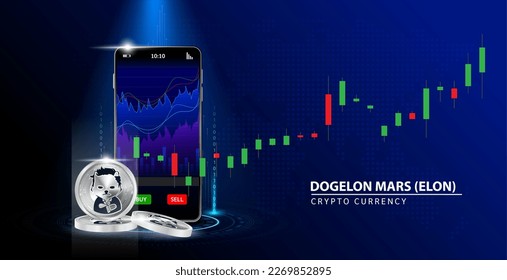 Silver Dogelon Mars (ELON) Cryptocurrency blockchain. Online coin Blue background.  Smartphone Cryptocurrency Trading and playing stocks. Secure mobile banking finance. Vector illustration 3D. svg