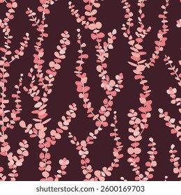 Silver dollar or baby blue pulverulenta eucalyptus branches seamless pattern in pink and brown vintage palette. Hand drawn vector illustration background.