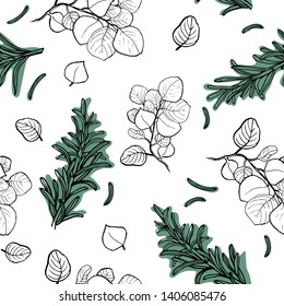 Silver dollar eucalyptus branches with rosemary pattern. Seamless greenery background. Vector nature illustration.