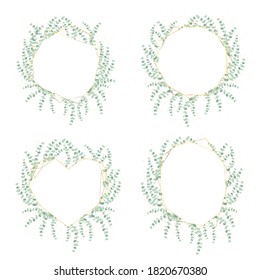 silver dollar eucalyptus leaf wreath with luxury golden frame and glitter collection isolated on white background