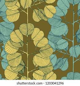 Silver dollar eucalyptus leaves. Hand-drawn vector seamless pattern for your unusual natural design.