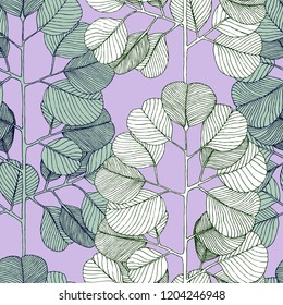 Silver dollar eucalyptus leaves. Hand-drawn vector seamless pattern for your unusual natural design.