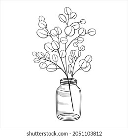 Silver-Dollar-Eukalyptus hinterlässt Line-Art. Handgezeichnete Zweige in Glas für Decken, Drucke, Blumenwandkunst, Innendekor. Vektorgrafik
