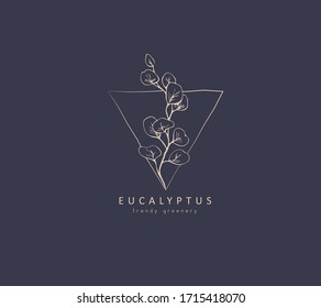 Logo et branche de l'eucalyptus en dollars d'argent. Herbe de mariage dessinée à la main, plante et monogramme avec d'élégantes feuilles pour l'invitation à sauvegarder la conception de la carte de date. Illustration vectorielle botanique rustique et tendance