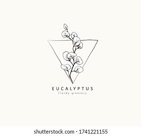 Silver Dollar eucalyptus logo and branch. Hand drawn wedding herb, plant and monogram with elegant leaves for invitation save the date card design. Botanical rustic trendy greenery vector illustration