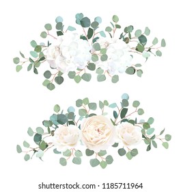 Silver dollar eucalyptus, white rose and hydrangea vector design garland bouquets. Cute rustic wedding greenery. Mint, blue tones. Watercolor style collection. Invitation wreath. Mediterranean tree.