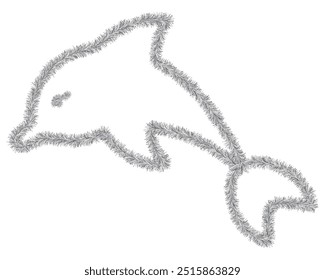 Silver dolphin emerges from water. Marine mammal made of tinsel. Color vector illustration. Isolated white background. Plush ocean inhabitant with fins and tail. Idea for web design. 